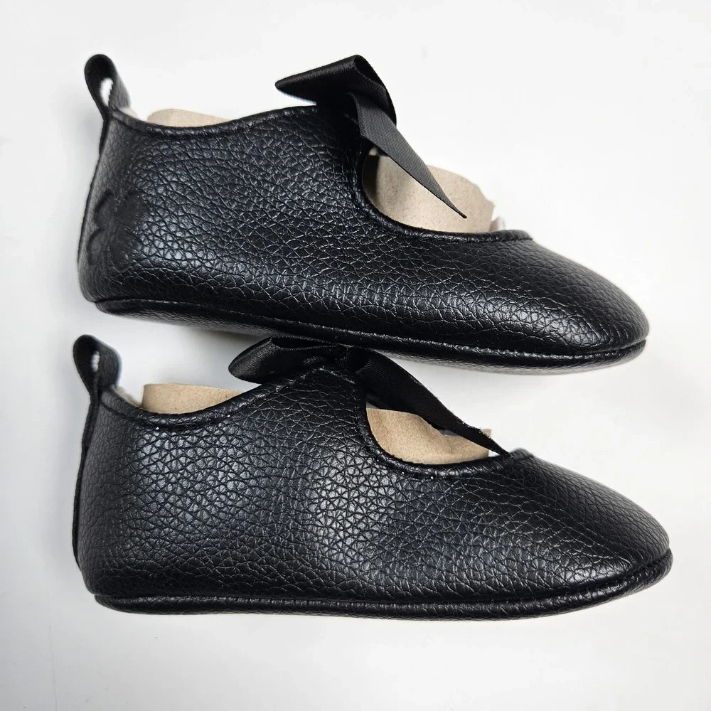Lucky Brand Mary Jane Flats‎ Girls 3 Black Bow Satin Ribbon Crib Shoes 6-9m NEW
